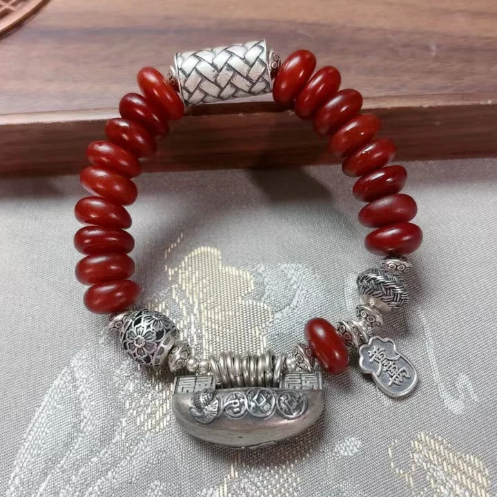 s925银高档鸡油红蜜蜡复古做旧国风民族风纯手工银蜜蜡手串手链