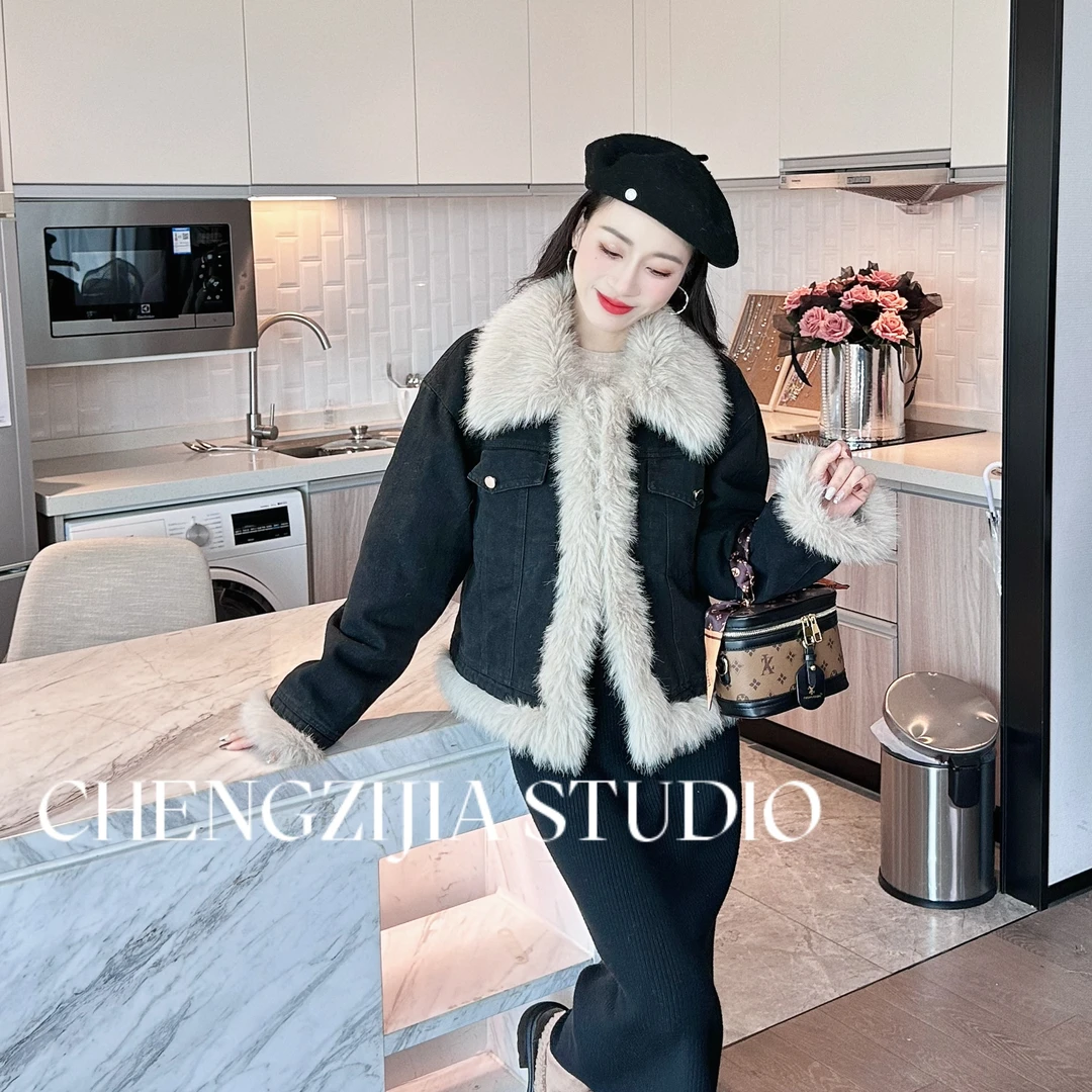 WT0292加厚毛毛拼接高级感牛仔外套