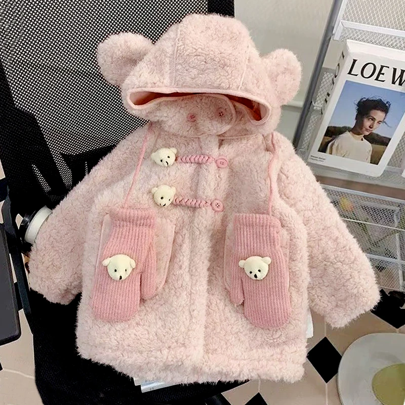 女童毛绒外套秋冬装2025新款洋气儿童加绒连帽上衣毛毛外套儿童