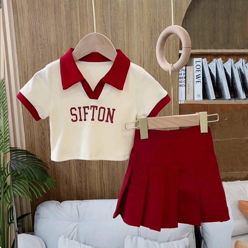 女童夏款套装2024新款甜美翻领短袖洋气时髦百褶裙童装休闲两件套