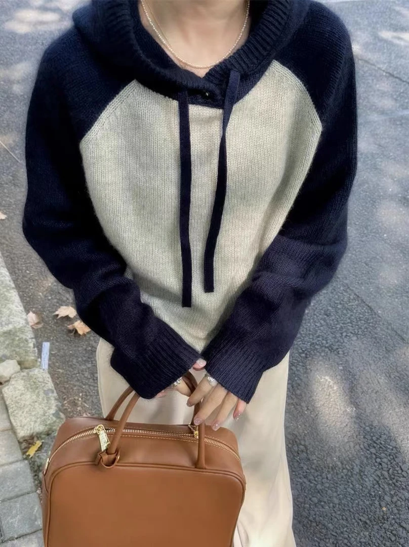 /插肩连帽/一粒扣加厚连帽毛衣慵懒宽松套头针织打底Z1070