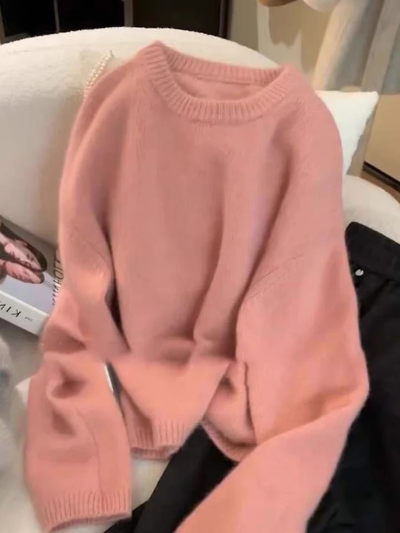 /藕粉套头/冬季宽松外穿慵懒风软糯打底内搭针织衫套头女Z