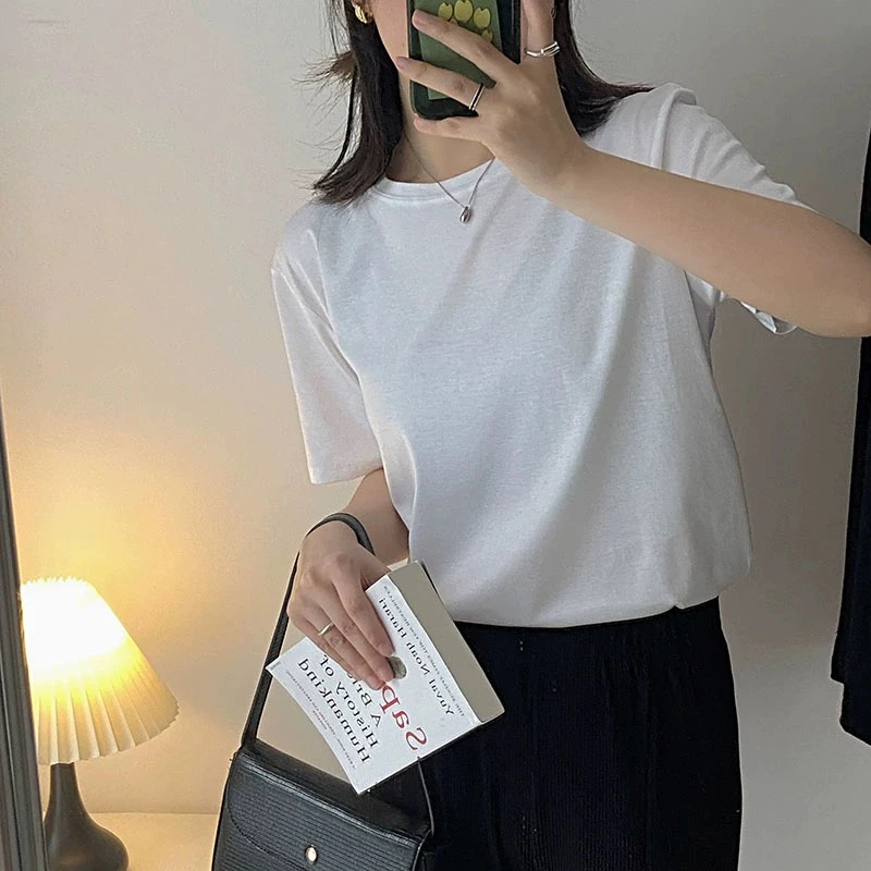 2025新款蚕丝棉圆领短袖宽松体恤免烫凉感T