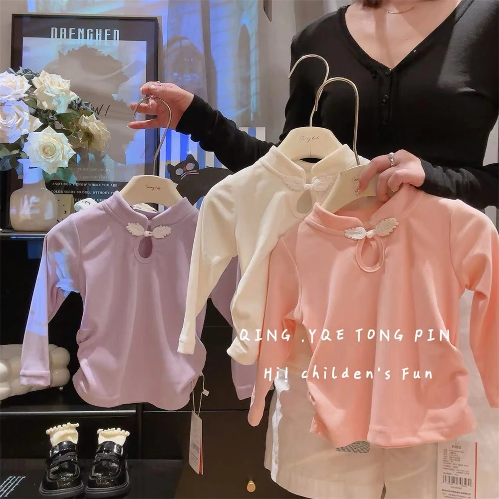 春秋季新款儿童中式盘扣长袖T恤女童甜美中国风上衣