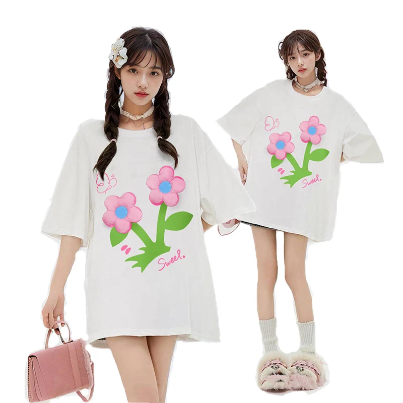 夏季260克双纱立体花朵装饰情侣纯棉短袖 K3004