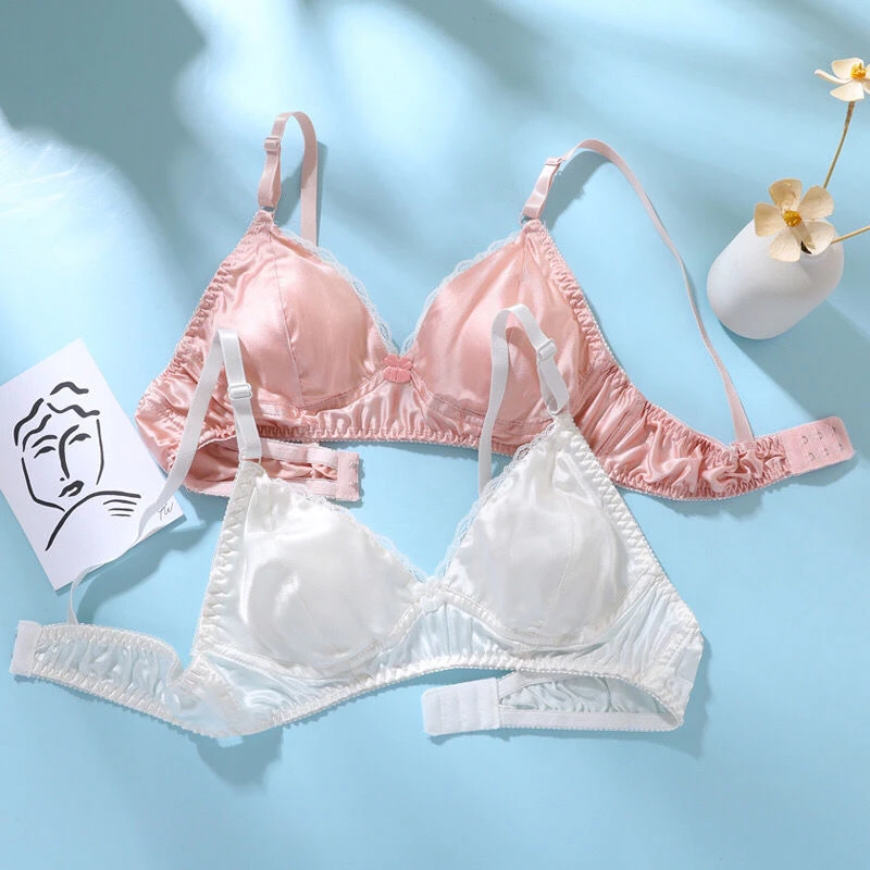 100%防凸点兔耳朵薄款真丝文胸罩双层桑蚕丝大码无痕内衣女舒适透
