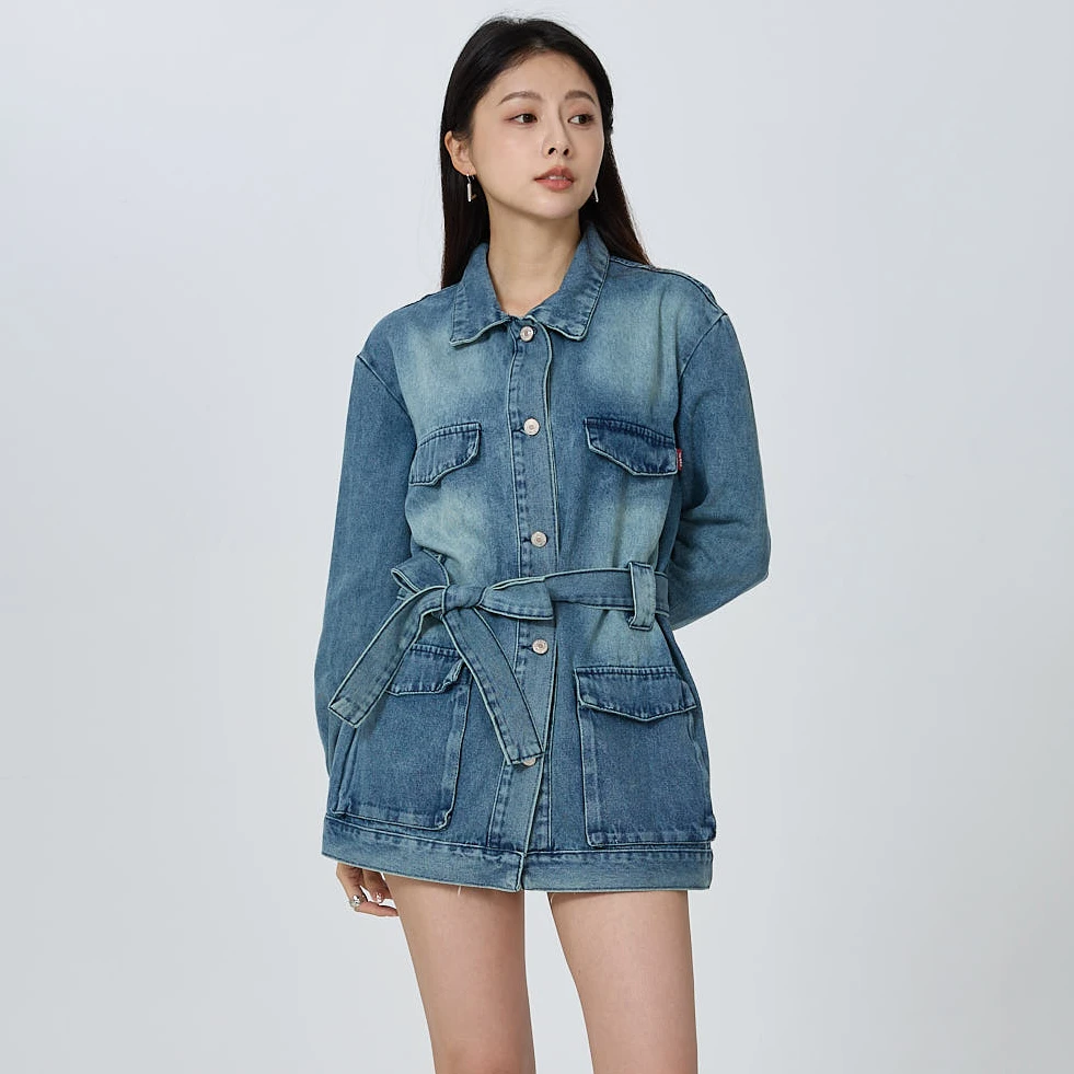 怀旧牛仔风衣可拆卸腰带春秋新款宽松遮肉中性风时尚休闲牛仔上衣