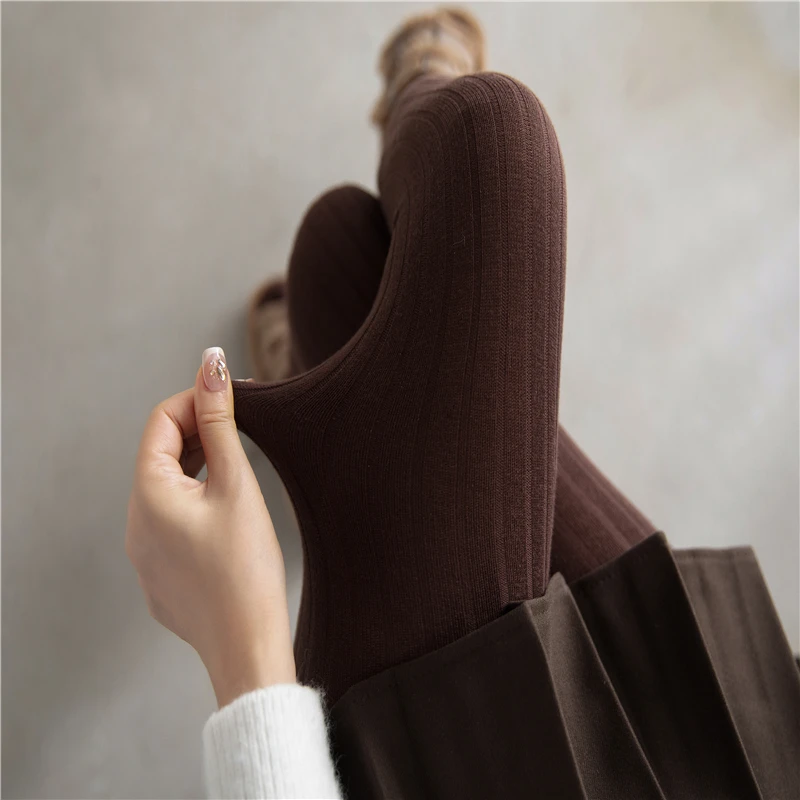 美拉德咖啡色连裤袜女棉竖条显瘦打底袜子秋冬薄款外穿灰色打底裤