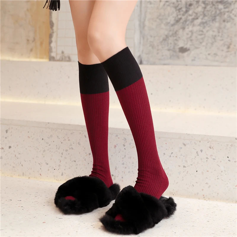 棉质酒红色小腿袜ins潮中筒袜显瘦竖条堆堆袜学院风本命年红袜子