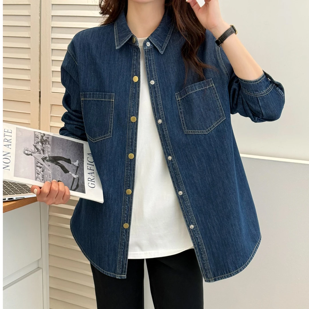 千百蔚秋冬加绒小众牛仔衬衫女宽松百搭休闲保暖长袖复古港风上衣