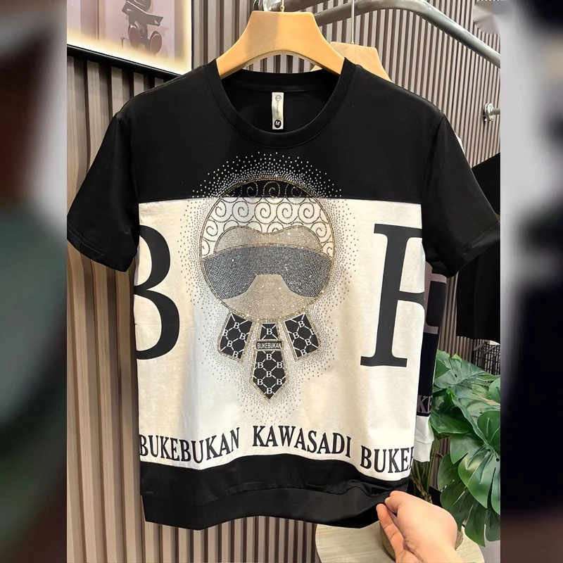 2025新款欧洲站轻奢网红体恤休闲修身丝光棉老佛爷烫钻潮流短袖男