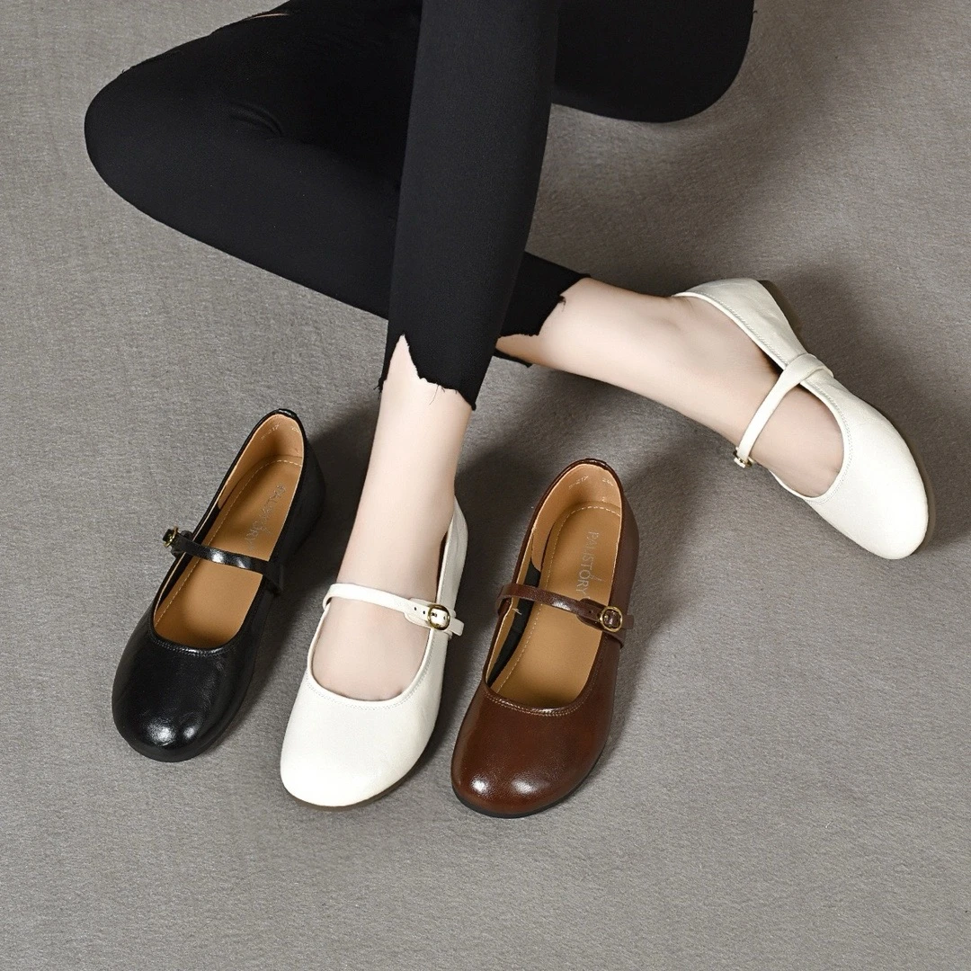 真皮圆头小单鞋玛丽珍款妈妈鞋粗跟软底浅口复古一字带时尚女鞋