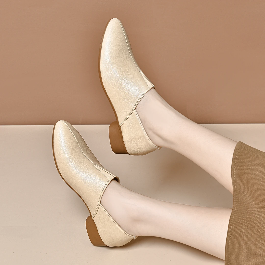 真皮尖头深口单鞋女2024新款低跟粗跟软面简约时尚百搭轻奢女鞋