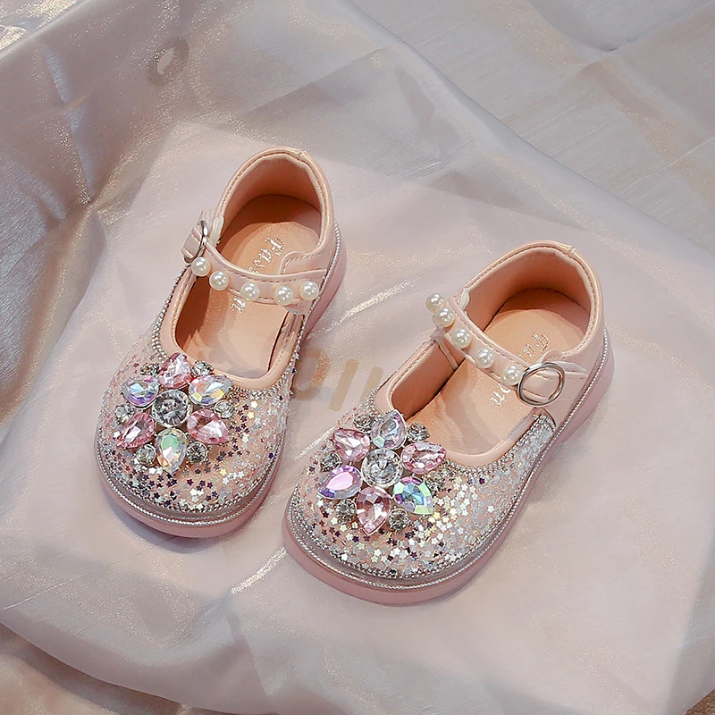 儿童公主水晶皮鞋2025新款小女孩软底春秋季闪亮晶晶女童浅口鞋子