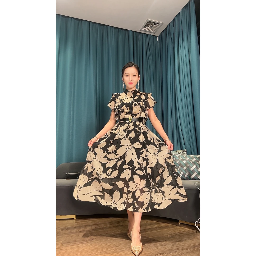 【商场高货】浪莎 橘灯雾霭印花泡泡袖气质连衣裙大摆+腰带6198