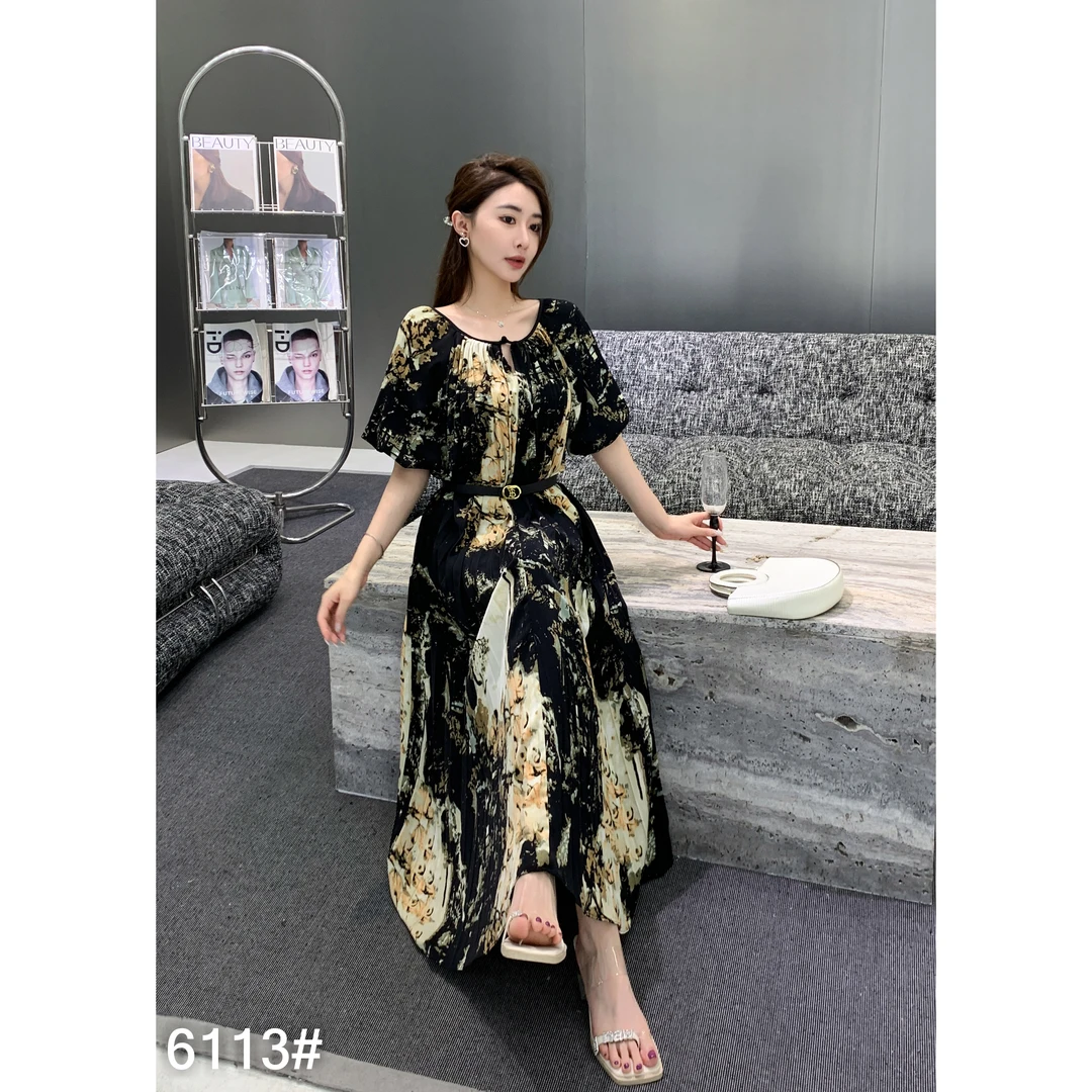 【商场高货】浪莎 时尚短袖碎花洋气褶皱女装连衣裙+腰带6113