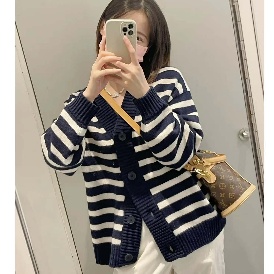 【100羊毛】CO 宽松版型V领100羊毛罗纹开衫米色针织衫外套秋冬