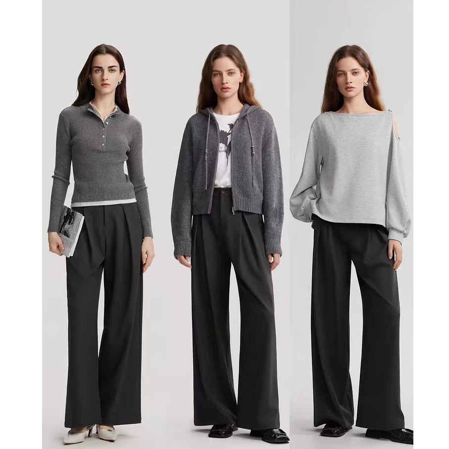 09灰色垂坠感高腰显瘦阔腿休闲裤女秋季新款高级感气质裤子