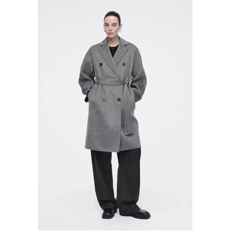 宽松版型羊毛混纺刷纹系带大衣2024秋冬新品