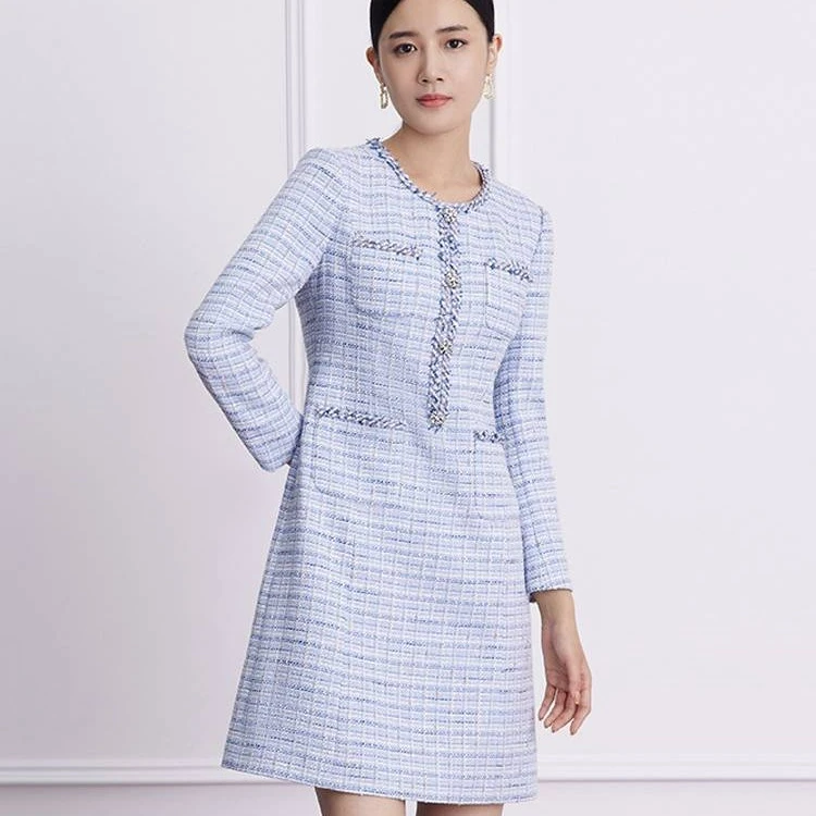 LIME/23春季/格纹粗花呢梭织连衣裙浅雾霾蓝色LMEA1AWOP005