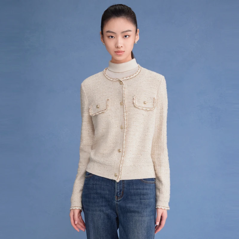 LIME/莱茵【都市美学】23年新款花边香风短款针织开衫LMEDOAKCD804