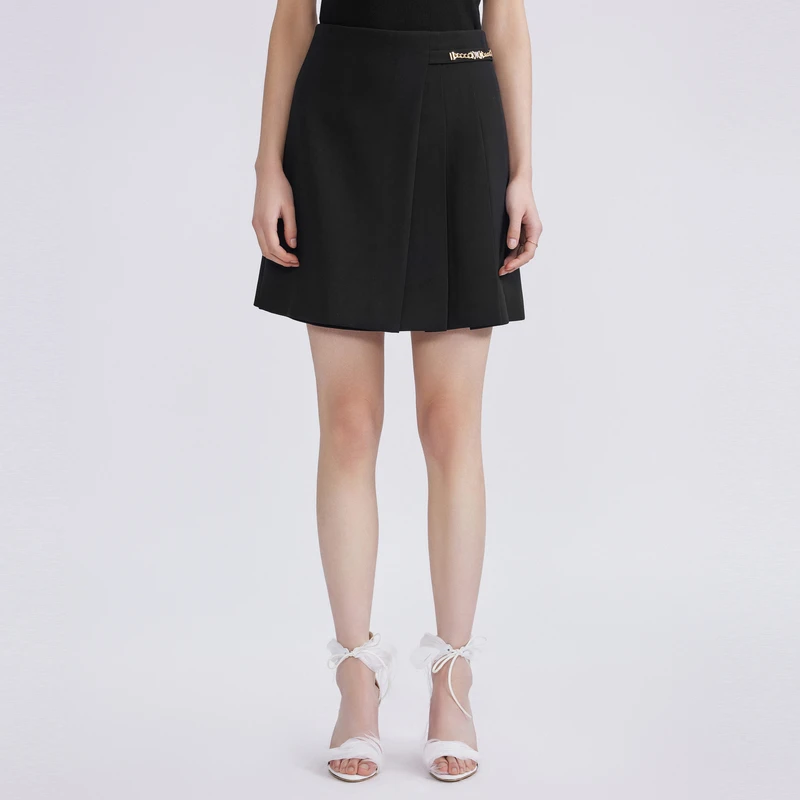 LIME/莱茵夏季商场同款梭织A字收折显瘦半裙黑色LMFB4AWSKK01