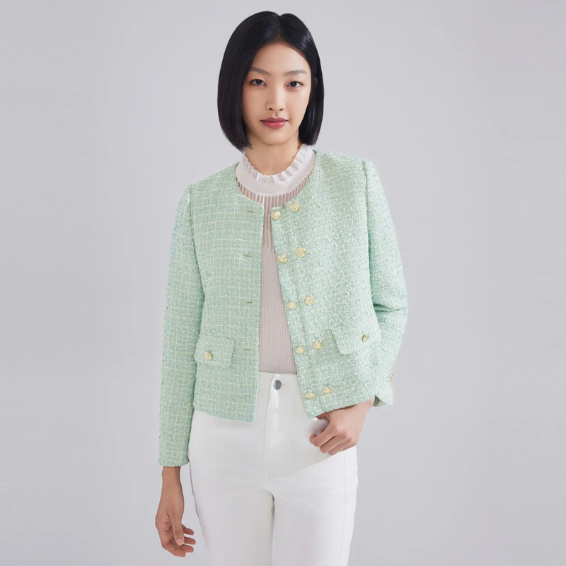 LIME/莱茵【初春日记】24新品花呢短上衣排扣设计水绿LDFADBCCJK01