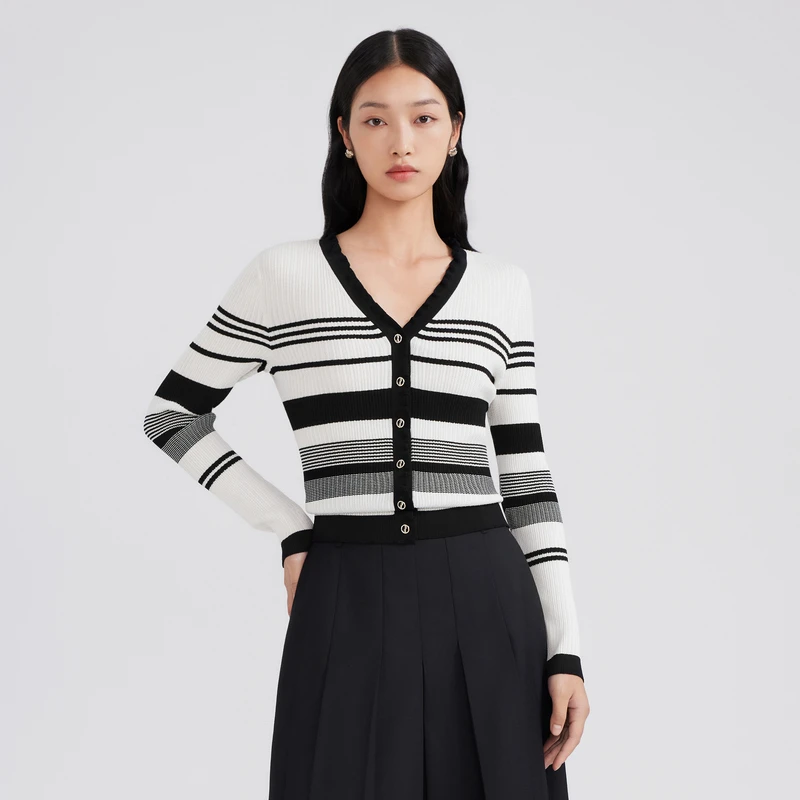 LIME/莱茵【夜色幻想】早春新款V领黑白条纹优雅针织衫LMFA2BKCD003