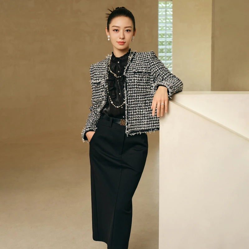 LIME/莱茵【你的时光】秋冬修身气质梭织半裙黑色LMFD9AWSKK22