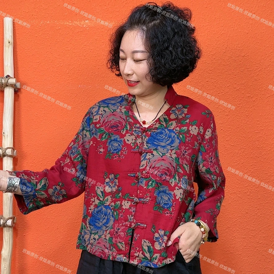 【现货发】复古做旧大花双纱棉盘扣鸡心领小立领开衫