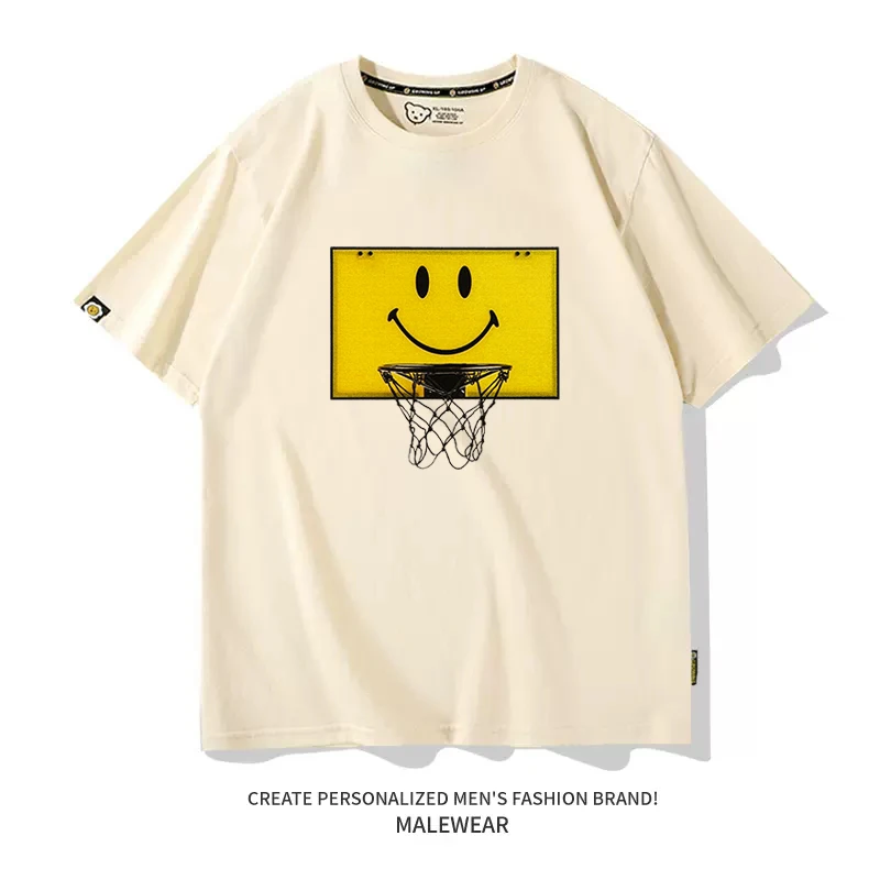 短袖纯棉宽松t恤男半袖ins个性印花球衣宽松街头篮球衣服潮流男生