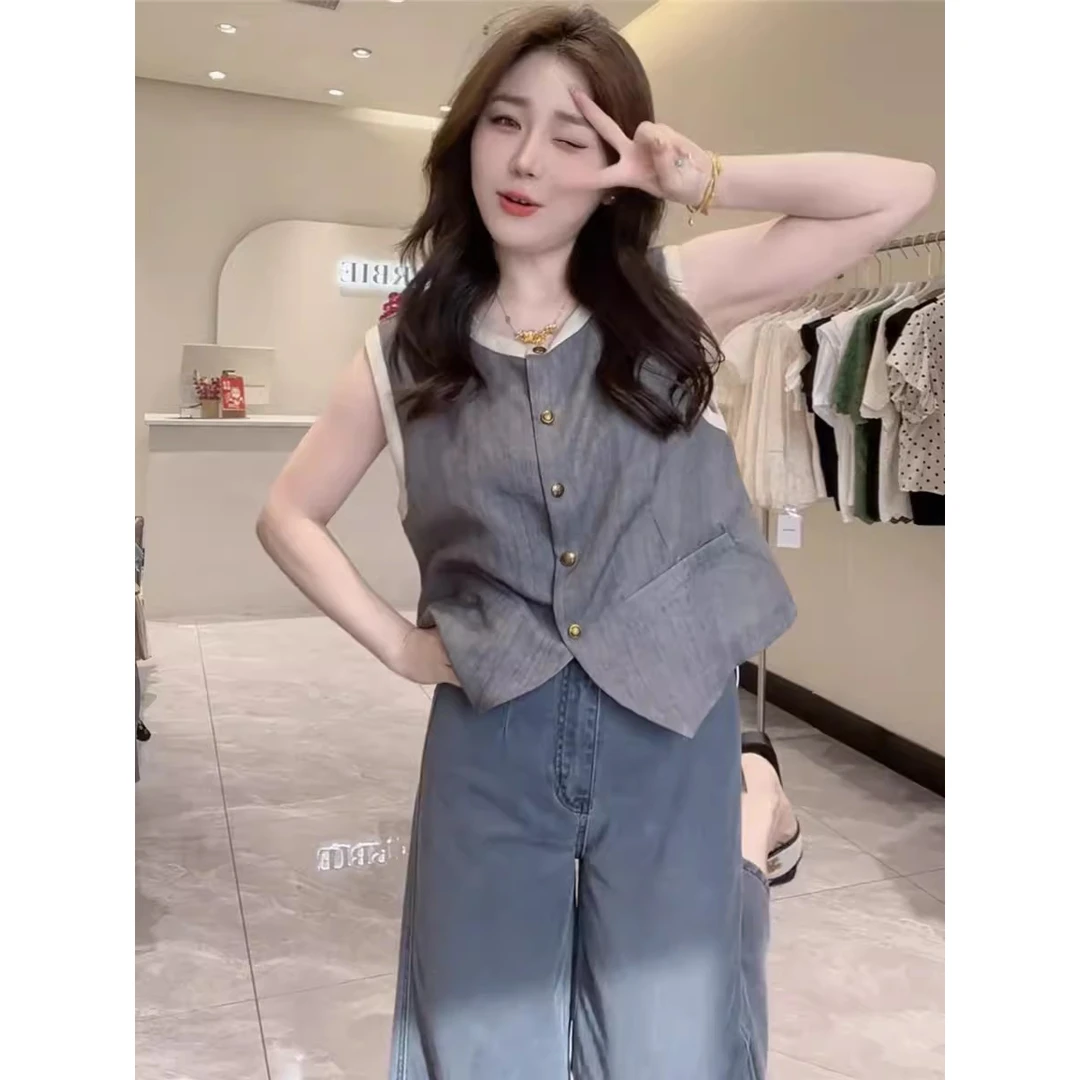 复古马甲拼色无袖上衣女设计感小众气质宽松背心小衫夏2505