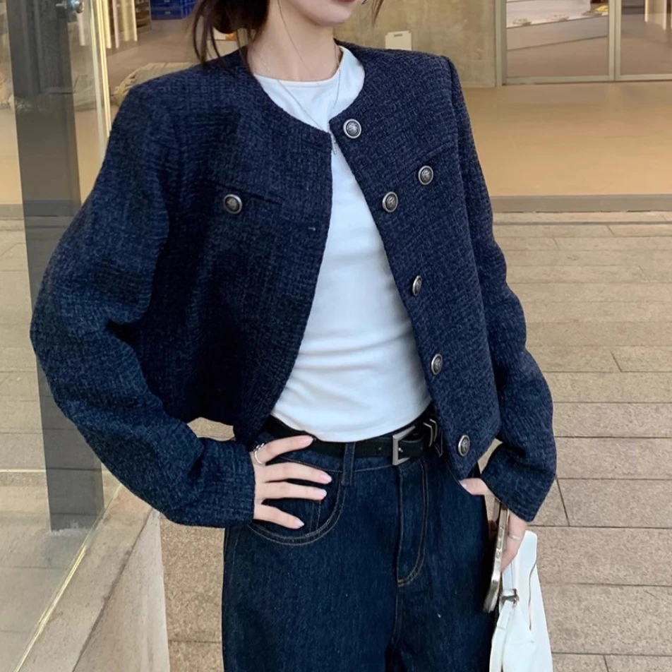 小香风气质圆领长袖外套女秋季单排扣宽松短款开衫上衣外搭2529