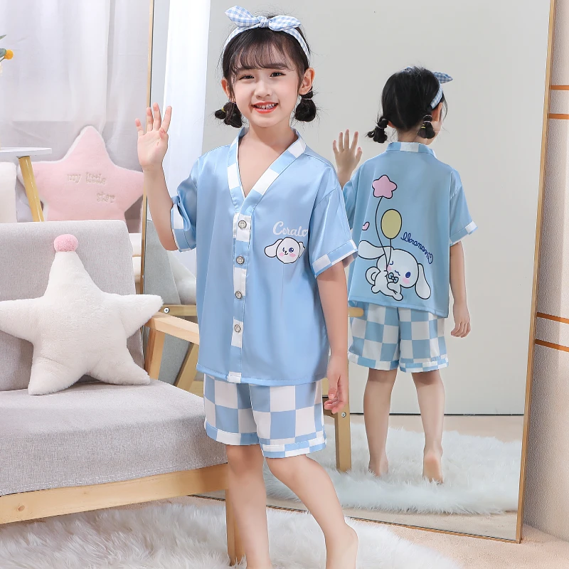 儿童夏季睡衣冰丝短袖薄款女童中大童卡通洋气宝宝家居服套装亲子
