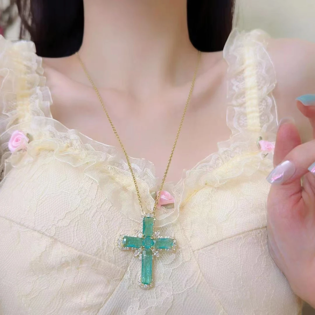铜合金项链 6809绿色清新十字架简约百搭毛衣链