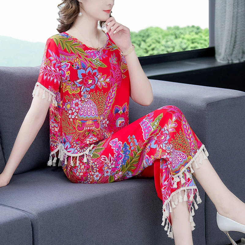 民族风妈妈棉绸短袖套装流苏复古休闲两件套舒适外穿