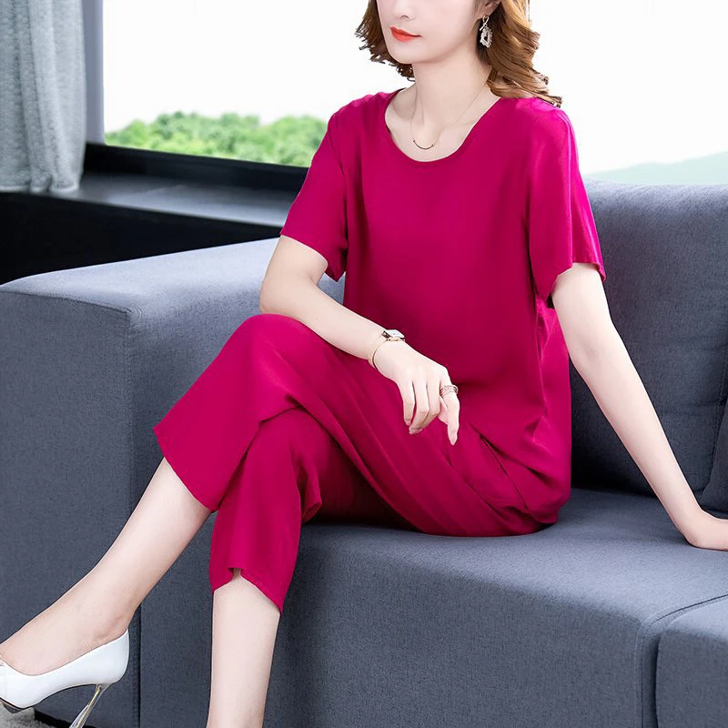 新款棉绸套装纯色大码妈妈时尚外穿休闲短袖+七分裤两件套3088#