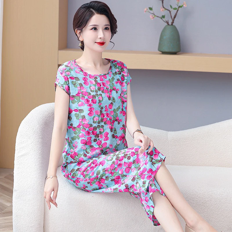 2024新款两件套女时尚外穿绵绸短袖+阔腿裤七分裤气质休闲套装女