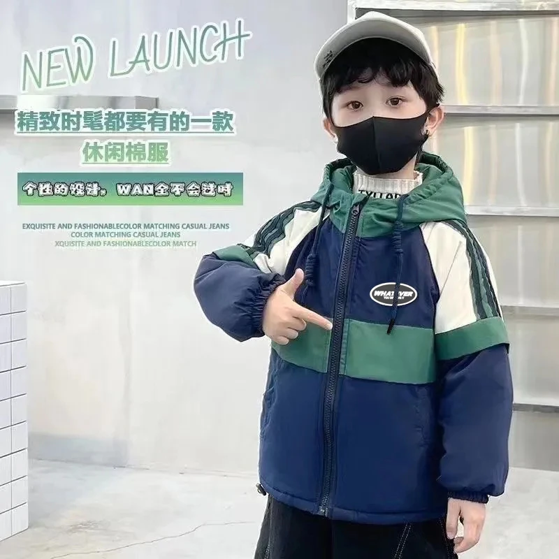 冬季中大童夹棉加厚派克服外套男孩拼接款连帽棉袄