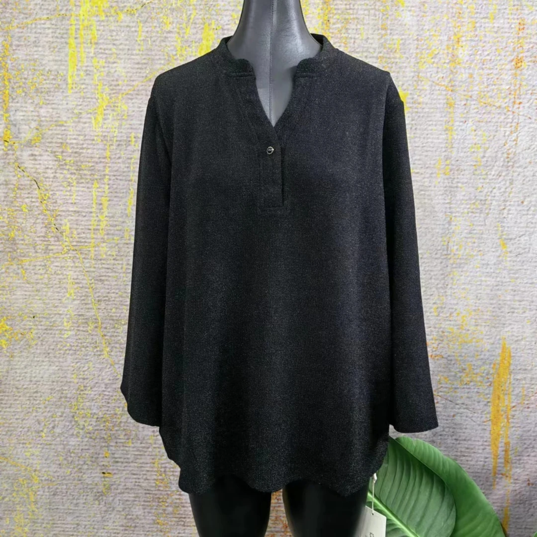 妙唐亮丝时尚大码新款长袖休闲百搭黑色上衣6110黑色