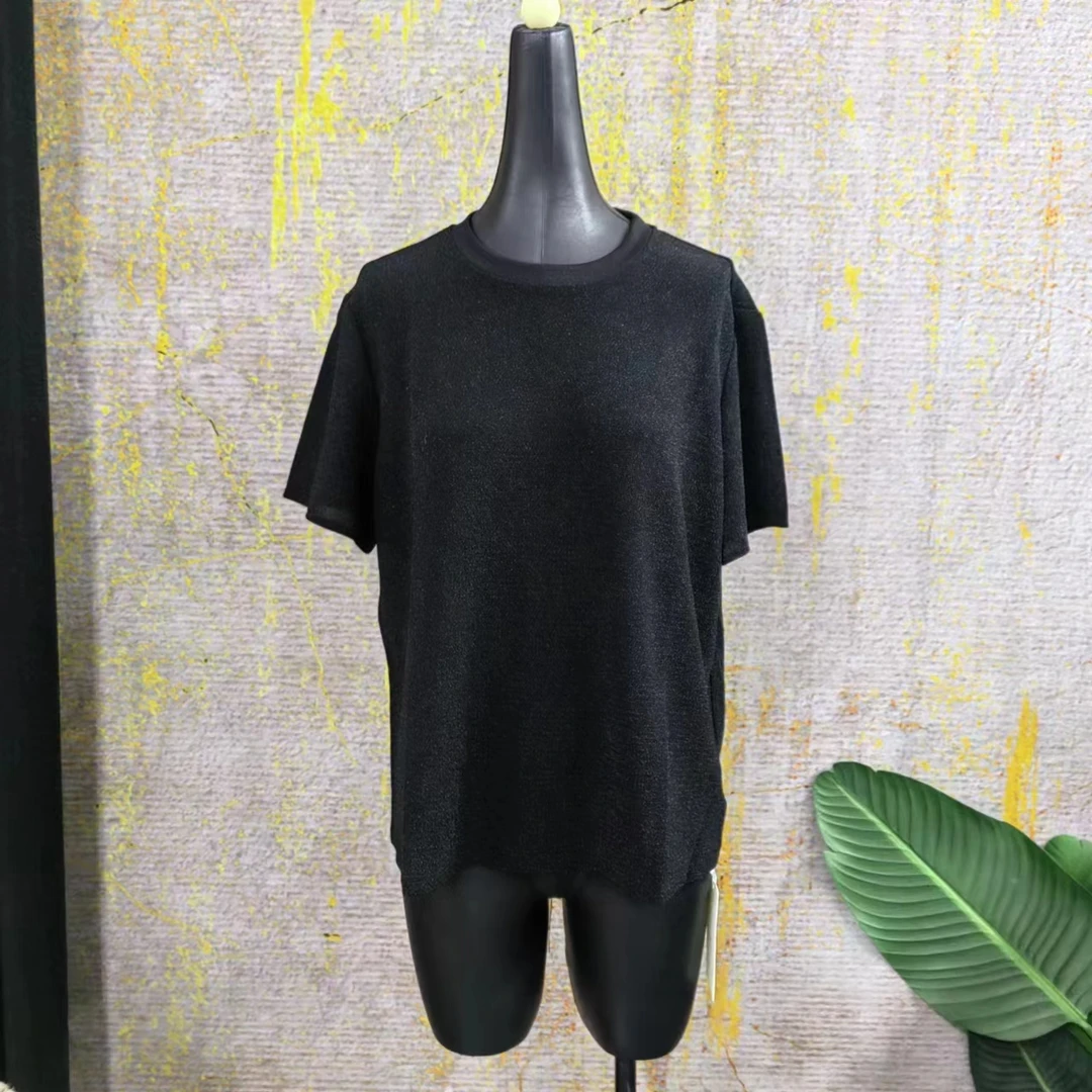 妙唐亮丝时尚大码新款弹力短袖女款百搭黑色圆领上衣2901S-36