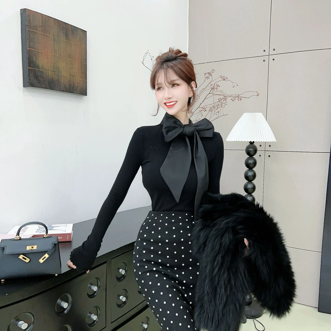 《雅致贵柔》设计感法式飘带针织打底衫 （衣长52）（#8380）