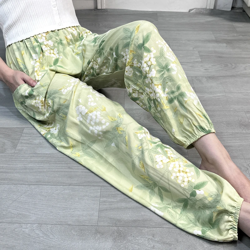 秋季新款棉绸睡裤女夏季大码人造棉绸沙滩防蚊女家居服束脚长裤子