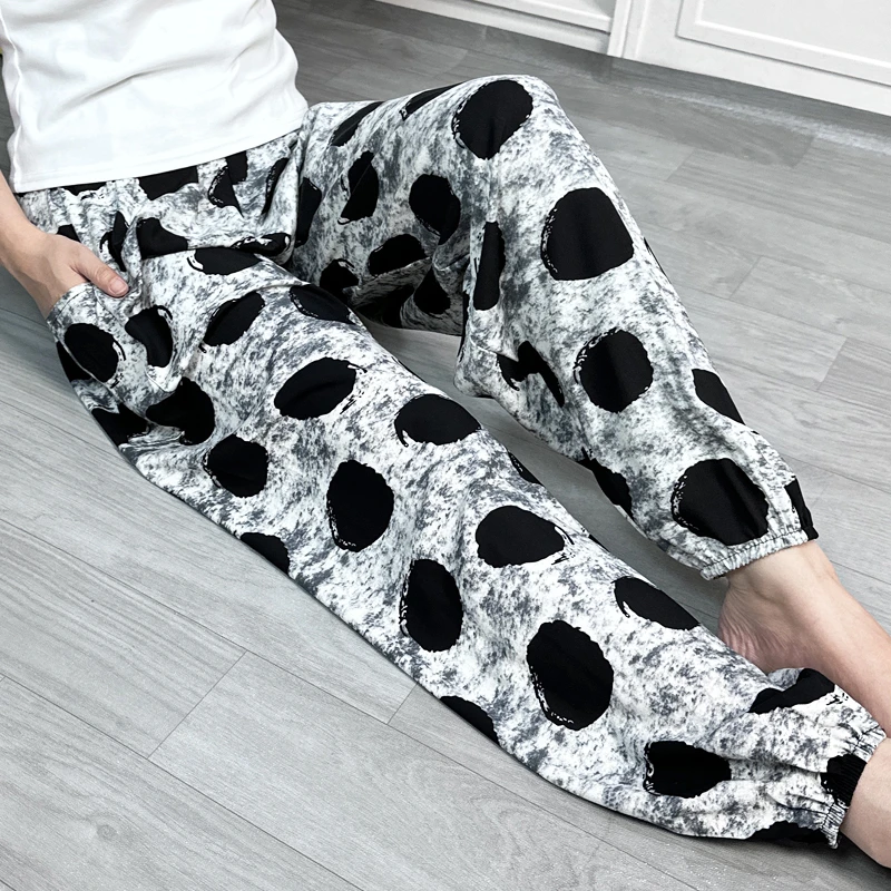 夏季新中式中国风水墨棉绸睡裤夏人造棉薄款外穿防蚊裤绵绸灯笼裤