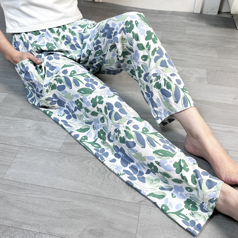 夏季新款棉绸睡裤女高腰沙滩裤人造棉外穿防蚊裤大码家居空调长裤