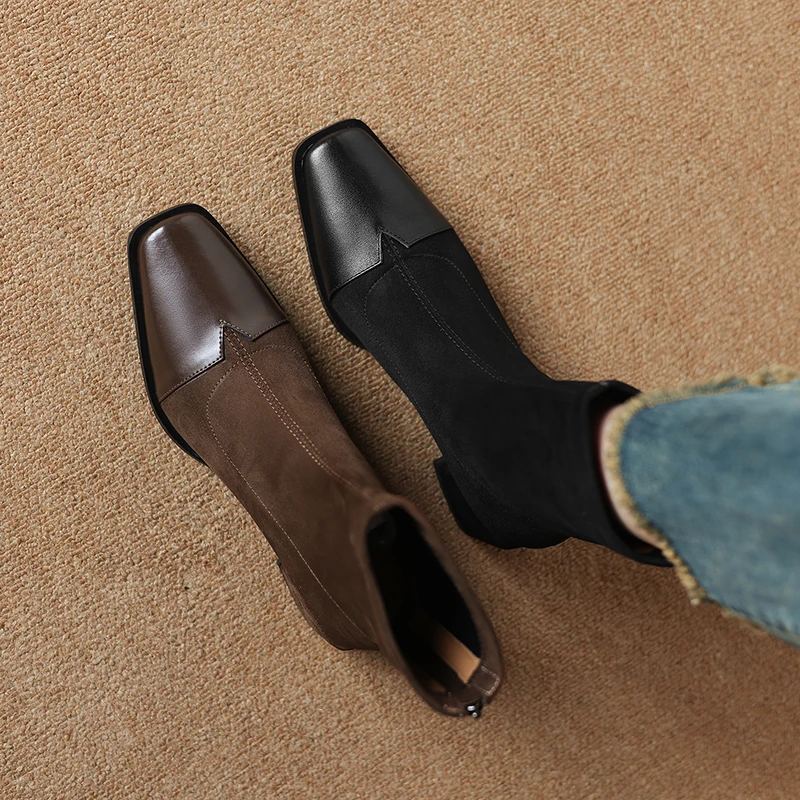 缘曦方头弹力瘦瘦靴5厘米粗跟瘦瘦靴通勤韩版时尚女靴