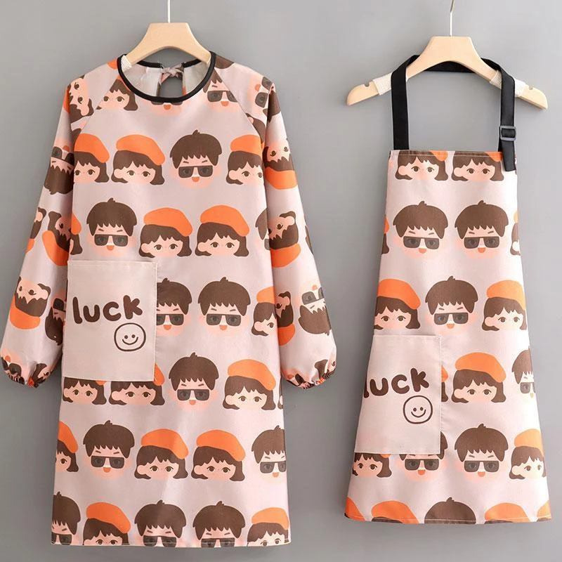 做饭男女家用围裙帆布厨房透气耐磨工作上班可爱情侣围腰护衣长袖