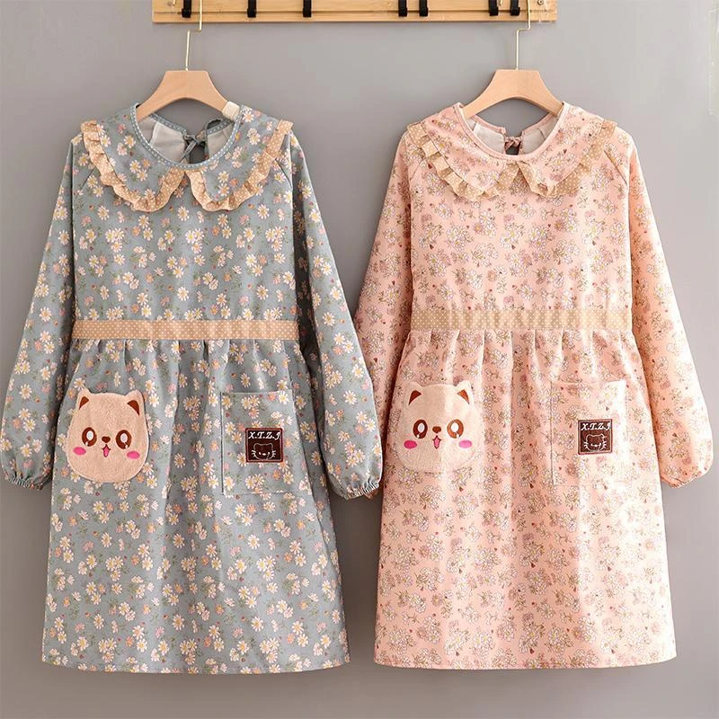 帆布围裙女长袖罩衣家用做饭厨房上班可爱洋气新款韩版围腰防污