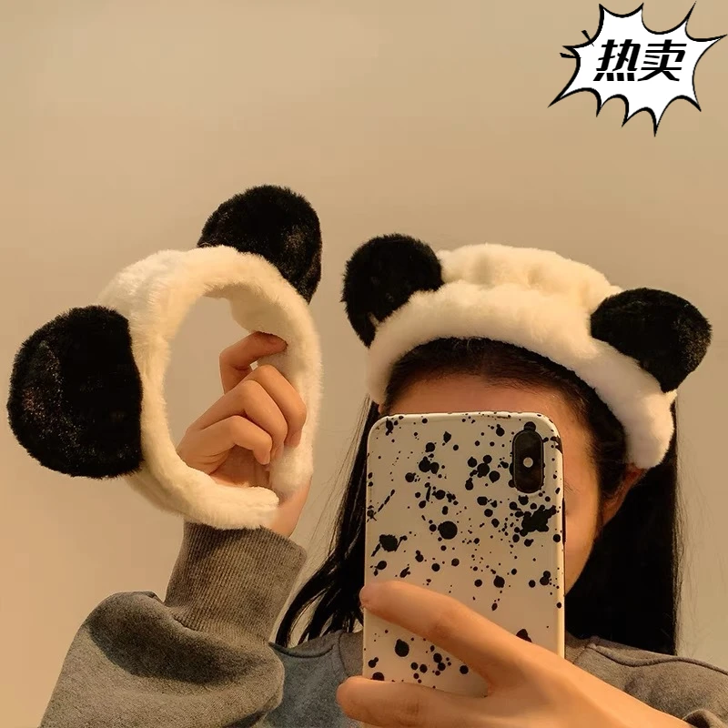 2023新款毛绒熊猫束发带女可爱洗脸专用压发化妆发箍头饰网红百xx