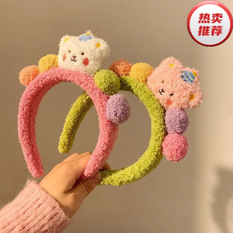 小眼睛毛绒煤球发箍女洗脸外出压发防滑头箍可爱儿童发卡发捆头xx